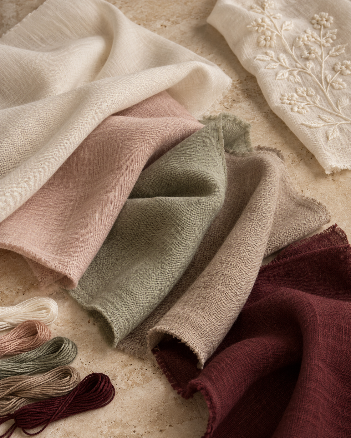 Editorial colour study in ivory, blush, sage, taupe and maroon