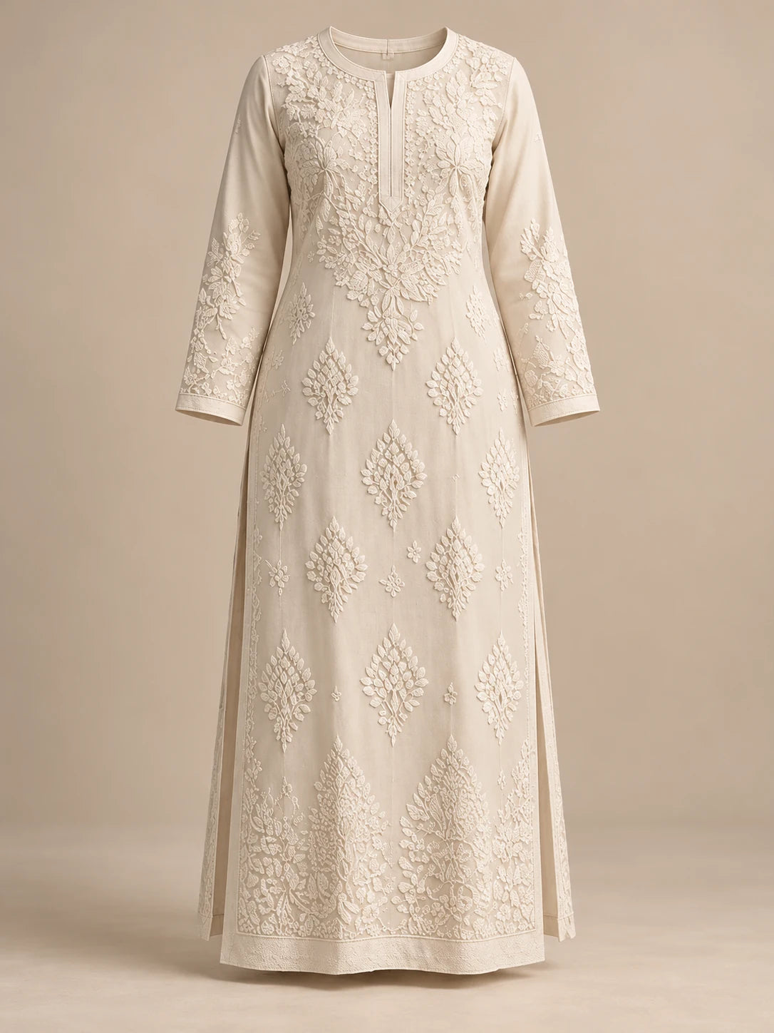 AI-generated Lucknow Ivory Chikankari kurta colour study, front view