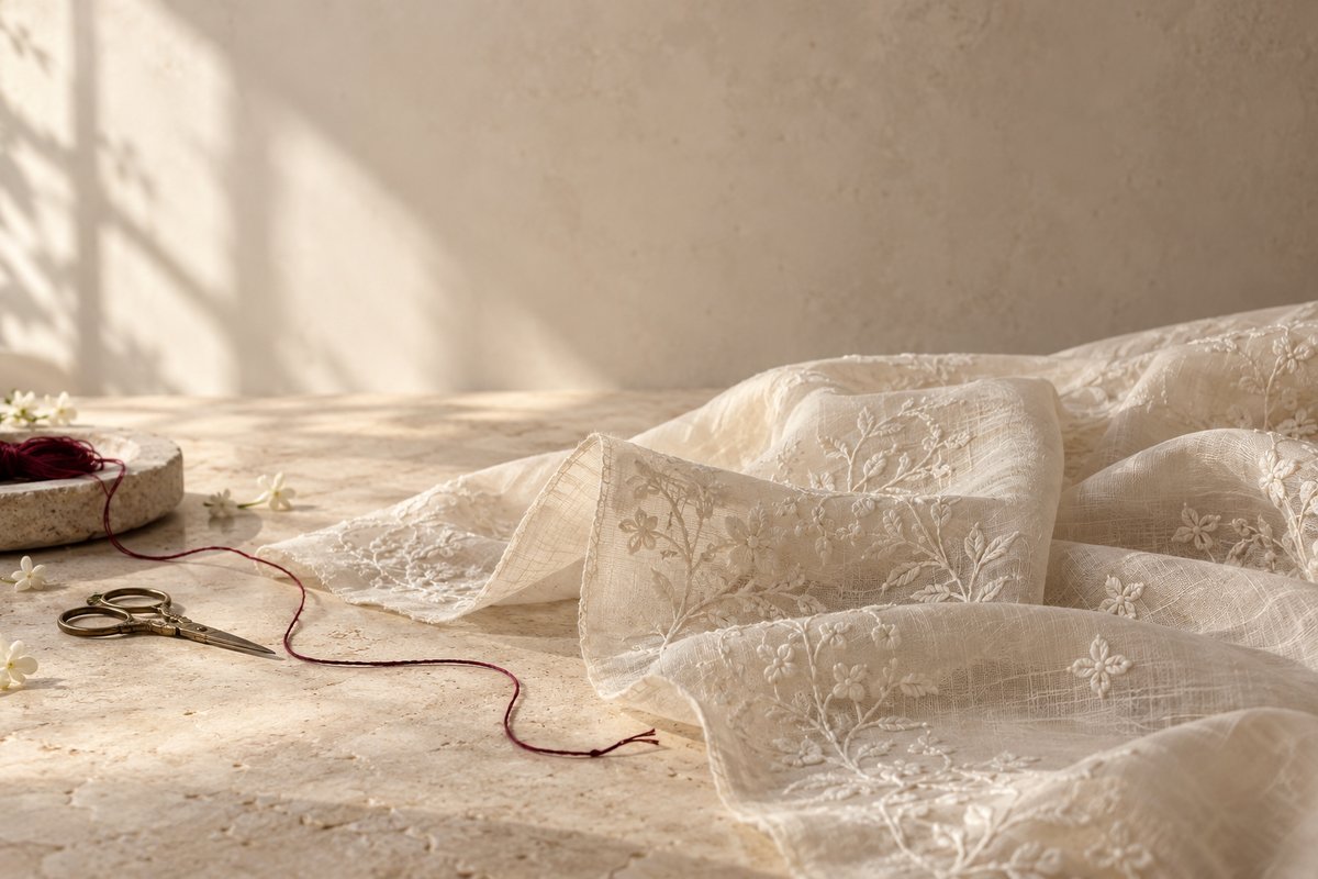 AI-assisted ivory thread and fabric editorial study; a material mood image, not a production process photograph