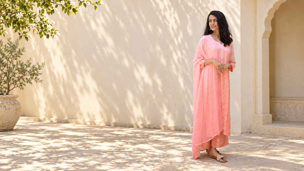 House of Murri blush Chikankari campaign in a wide ivory courtyard