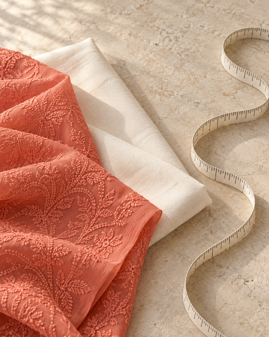 AI-assisted editorial still life of coral embroidered cloth, ivory lining and a tailor’s tape