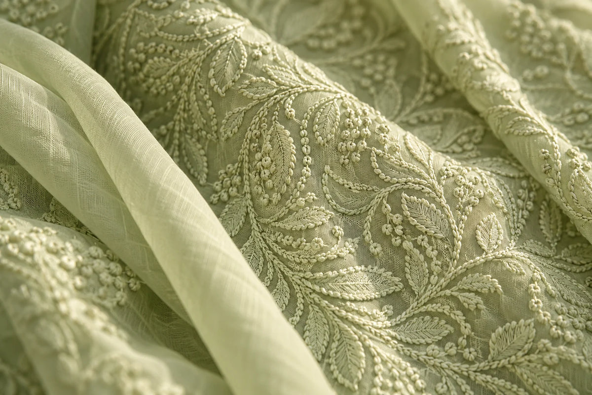 AI-assisted editorial close-up of sage cloth and raised tonal leaf embroidery, inspired by the original House of Murri garment